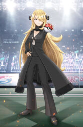 Rule 34 | 1girl, blonde hair, breasts, cleavage, closed mouth, confetti, creatures (company), crowd, cynthia (pokemon), full body, fur collar, game freak, hair ornament, hair over one eye, hand on own hip, highres, holding, holding poke ball, light smile, long hair, looking at viewer, medium breasts, nintendo, outstretched arm, poke ball, poke ball (basic), pokemon, pokemon dppt, pralinesquire, solo, stadium, stadium lights, standing, very long hair