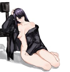Rule 34 | 1girl, barefoot, black jacket, breasts, chair, glasses, groin, hand on own head, highres, jacket, kamishiro rize, large breasts, leaning to the side, long hair, long sleeves, naked jacket, open clothes, open jacket, red eyes, solo, tokyo ghoul, yourfreakyneighbourh