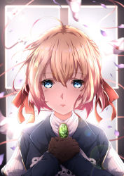 Rule 34 | 10s, 1girl, blonde hair, blue eyes, blue jacket, blurry, blurry background, blush, brooch, brown gloves, chahei, commentary request, depth of field, envelope, gloves, hair between eyes, hair ribbon, highres, jacket, jewelry, juliet sleeves, long sleeves, looking at viewer, parted lips, petals, puffy sleeves, red ribbon, ribbon, short hair, smile, solo, violet evergarden, violet evergarden (series), window