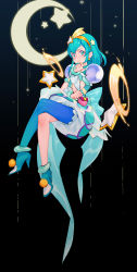 Rule 34 | 1girl, aqua eyes, aqua hair, back bow, bow, chinese commentary, choker, commentary request, crescent moon, crossed legs, cure milky, earrings, hagoromo lala, hair ornament, hairband, high heels, highres, jewelry, magical girl, melonplus, moon, pointy ears, precure, see-through, see-through sleeves, shooting star hair ornament, short hair, single leg pantyhose, sitting, smile, solo, star (symbol), star earrings, star hair ornament, star twinkle precure, wrist cuffs
