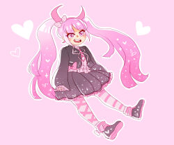 Rule 34 | 1girl, ankle boots, badge, black footwear, black jacket, black skirt, blush, boots, bow, child, danganronpa (series), danganronpa another episode: ultra despair girls, fake horns, female focus, full body, gradient background, hairband, headband, heart, horned headwear, horns, jacket, long hair, long sleeves, ministarfruit, multicolored clothes, multicolored footwear, multicolored skirt, multicolored thighhighs, neck ribbon, parted bangs, pink background, pink bow, pink eyes, pink footwear, pink hairband, pink headband, pink headwear, pink horns, pink ribbon, pink thighhighs, pink trim, polka dot, polka dot bow, ribbon, shirt, simple background, sitting, skirt, smile, solo, star (symbol), striped clothes, striped thighhighs, teeth, thighhighs, thighhighs under boots, tongue, twintails, upper teeth only, utsugi kotoko, white shirt, white thighhighs