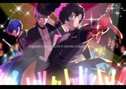 Rule 34 | 3boys, amamiya ren, bad id, bad twitter id, black hair, blue hair, cane, glasses, gloves, glowstick, grey eyes, grey hair, hat, letterboxed, looking at viewer, male focus, multiple boys, narukami yuu, outstretched arm, parted lips, persona, persona 3, persona 4, persona 5, persona super live, red gloves, sparkle, top hat, tuxedo, yuuki makoto (persona 3)