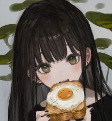 Rule 34 | 1girl, black hair, black shirt, blush, bread slice, brown eyes, earrings, ears visible through hair, eating, egg (food), es-ther, food, fried egg, fried egg on toast, highres, holding, holding food, jewelry, long hair, looking at viewer, nail polish, open mouth, original, portrait, shirt, solo, toast