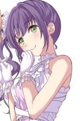 Rule 34 | 2girls, citrusmikan, closed mouth, commentary, dress, frilled dress, frilled gloves, frills, gloves, green eyes, hands up, link! like! love live!, link to the future (love live!), lone nape hair, long hair, looking at viewer, love live!, multiple girls, otomune kozue, pink dress, purple hair, side ponytail, sidelocks, simple background, sleeveless, sleeveless dress, smile, solo focus, split mouth, unfinished, upper body, virtual youtuber, white background, white gloves