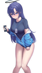 Rule 34 | 1girl, absurdres, black shirt, blue archive, blue buruma, blue eyes, blue hair, blue jacket, blush, breasts, buruma, cello, cellphone, closed mouth, collarbone, commentary request, dutch angle, facial mark, feet out of frame, hair between eyes, halo, highres, holding, holding phone, instrument, jacket, knees together feet apart, lanyard, large breasts, long hair, long sleeves, looking at viewer, neko punch (user hddm3373), nose blush, off shoulder, open clothes, open jacket, parted bangs, phone, puffy long sleeves, puffy sleeves, shirt, short sleeves, simple background, sleeves past wrists, smartphone, solo, star (symbol), thighs, track jacket, very long hair, white background, yuuka (blue archive), yuuka (track) (blue archive)