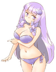 Rule 34 | 1girl, arnest, bandeau, bare arms, bare shoulders, bikini, blush, bow, breast hold, breasts, cleavage, commentary request, cowboy shot, crescent, crescent hair ornament, hair bow, hair ornament, head tilt, large breasts, long hair, looking at viewer, navel, no headwear, patchouli knowledge, purple bikini, purple bow, purple eyes, purple hair, side-tie bikini bottom, sidelocks, simple background, solo, standing, stomach, strapless, strapless bikini, swimsuit, thighs, touhou, very long hair, white background