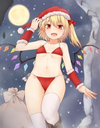 Rule 34 | 1girl, :d, bare shoulders, bikini, blonde hair, blush, boots, bow, breasts, brown footwear, christmas, commentary request, cowboy shot, crystal, flandre scarlet, full moon, hair bow, hand up, hat, looking at viewer, miyo (ranthath), moon, navel, night, night sky, one side up, open mouth, pom pom (clothes), red bikini, red bow, red eyes, red hat, sack, santa bikini, santa hat, short hair, side-tie bikini bottom, sky, small breasts, smile, snowing, solo, standing, stomach, swimsuit, thighhighs, thighs, touhou, white thighhighs, wings, wrist cuffs