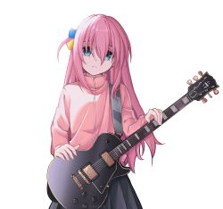 Rule 34 | 1girl, black skirt, blue eyes, bocchi the rock!, closed mouth, commentary request, cube hair ornament, electric guitar, gotoh hitori, guitar, hair between eyes, hair ornament, highres, holding, holding instrument, instrument, jacket, lawnielle, long hair, long sleeves, looking at viewer, one side up, pink hair, pink jacket, pleated skirt, simple background, skirt, solo, track jacket, very long hair, white background