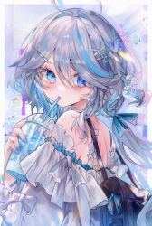 Rule 34 | 1girl, ahoge, alternate costume, bare shoulders, blue eyes, blue hair, cup, drinking straw, drinking straw in mouth, drop-shaped pupils, floral print, from behind, furina (genshin impact), genshin impact, grey hair, hair between eyes, hair ornament, hairclip, highres, holding, holding cup, long sleeves, looking at viewer, looking back, medium hair, mismatched pupils, multicolored hair, off shoulder, parted lips, sidelocks, solo, streaked hair, symbol-shaped pupils, upper body, utsuhostoria, x hair ornament