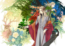 Rule 34 | 2boys, animification, arrow (projectile), artist name, blonde hair, bow (weapon), braid, crown, crowns, deer, elf, father and son, flower, forest, half updo, kagalin, king, legolas, long hair, marksman, middle earth, multiple boys, nature, plant, pointy ears, prince, staff, the hobbit, the lord of the rings, thranduil, tolkien&#039;s legendarium, tolkien's legendarium, weapon