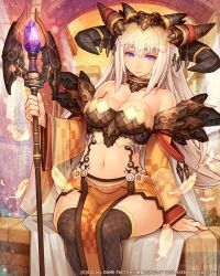 Rule 34 | 1girl, arm support, bare shoulders, black thighhighs, breasts, bustier, cleavage, feathers, horns, large breasts, long hair, looking at viewer, midriff, navel, original, purple eyes, seikon no arcana, shigatake, sitting, solo, staff, tattoo, thighhighs, white hair