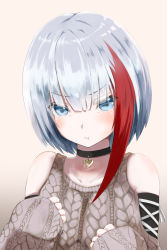 Rule 34 | 1girl, admiral graf spee (azur lane), admiral graf spee (peaceful daily life) (azur lane), aoi minato (aoi3710blueport), aran sweater, azur lane, bad id, bad pixiv id, blue eyes, blunt bangs, blush, breasts, cable knit, choker, detached sleeves, frown, hands up, heart, heart choker, highres, looking at viewer, multicolored hair, pout, red hair, short hair, sidelocks, silver hair, sleeves past wrists, solo, streaked hair, sweater, upper body