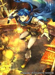 Rule 34 | 1boy, belt, blue eyes, blue hair, boots, cape, coin, colm (fire emblem), company name, dagger, earrings, fire emblem, fire emblem: the sacred stones, fire emblem cipher, jewelry, key, knife, long hair, low ponytail, male focus, nintendo, official art, solo, sword, torn clothes, wadadot lv, weapon