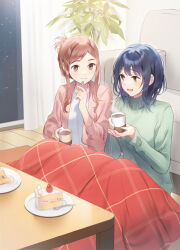 2girls adachi_to_shimamura aged_up blonde_hair blue_eyes brown_eyes cake commentary_request couch cover cover_page cup food green_sweater hair_ornament hairclip holding holding_cup holding_utensil jacket long_hair looking_at_another medium_hair multiple_girls official_art pink_jacket plant shirt sidelocks sweater table textless_version turtleneck turtleneck_sweater weee_(raemz) white_shirt yuri