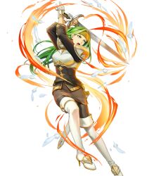 Rule 34 | 1girl, armor, artist request, belt, boots, breastplate, feathers, fire, fire emblem, fire emblem: the sacred stones, fire emblem heroes, full body, gloves, gold trim, green eyes, green hair, headband, high heels, highres, holding, holding sword, holding weapon, long hair, long sleeves, looking away, miniskirt, nintendo, non-web source, official art, open mouth, pantyhose, sheath, shoulder armor, shoulder pads, skirt, solo, sword, syrene (fire emblem), teeth, thigh boots, transparent background, turtleneck, upper teeth only, weapon