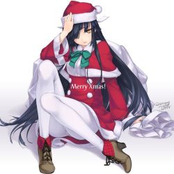 Rule 34 | 10s, 1girl, black hair, dated, hair over one eye, hayashimo (kancolle), jpeg artifacts, kantai collection, legs, long hair, merry christmas, on floor, pantyhose, rokuwata tomoe, santa costume, signature, simple background, sitting, solo, very long hair, white background, yellow eyes