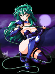 Rule 34 | 1990s (style), 1girl, artist name, blue footwear, blue gloves, blue leotard, boots, breasts, cleavage, danmakuman, elbow gloves, fingerless gloves, gloves, green eyes, green hair, hair between eyes, hands up, highres, holding, holding weapon, holding whip, large breasts, leotard, long hair, medium breasts, on one knee, pc98, retro artstyle, rustea sprincul, rusty, rusty (pc-98), signature, solo, thigh strap, weapon