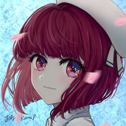 Rule 34 | 1girl, absurdres, arima kana, beret, blunt bangs, blush, bob cut, character name, chinese commentary, closed mouth, commentary request, eyelashes, hat, highres, inverted bob, looking at viewer, motion blur, muzishu, no pupils, oshi no ko, petals, portrait, red eyes, red hair, shirt, short hair, smile, solo, white hat, white shirt