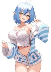 Rule 34 | 1girl, ahoge, bare shoulders, blue hair, blue jacket, blush, bob cut, breasts, camisole, cleavage, frilled camisole, frills, fur-trimmed jacket, fur trim, hair between eyes, hair ornament, heart, heart ahoge, highres, hololive, jacket, large breasts, looking at viewer, multicolored hair, official alternate costume, pajamas, partially unzipped, pointy ears, polka dot camisole, short hair, solo, striped clothes, striped jacket, thomas 8000, virtual youtuber, white background, white camisole, yellow eyes, yukihana lamy, yukihana lamy (loungewear)