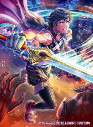 Rule 34 | 1boy, armor, blonde hair, blue eyes, cape, chrom (fire emblem), company connection, copyright name, falchion (fire emblem), fire emblem, fire emblem awakening, fire emblem cipher, forest, gloves, holding, holding weapon, kazura enji, looking at viewer, male focus, nature, night, nintendo, official art, short hair, shoulder armor, shoulder pads, solo, sword, tattoo, weapon