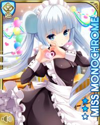 Rule 34 | 1girl, :o, apron, balloon, black dress, black footwear, blue eyes, blunt bangs, card, character name, closed mouth, day, dress, dutch angle, from side, girlfriend (kari), indoors, maid, miss monochrome, miss monochrome (character), official art, qp:flapper, solo, standing, tagme, twintails, white apron, white hair