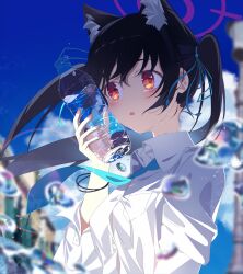 Rule 34 | 1girl, alpha beast, animal ears, black hair, blue archive, blue necktie, blush, bottle, breasts, buttons, cat ears, collared shirt, day, extra ears, fingernails, halo, highres, holding, holding bottle, long hair, medium breasts, necktie, open mouth, outdoors, red eyes, red halo, serika (blue archive), shirt, solo, upper body, water, water bottle, water drop, white shirt