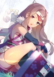 Rule 34 | 1girl, bike shorts, black gloves, black thighhighs, blurry, blurry foreground, brown eyes, brown hair, dutch angle, elbow gloves, fingerless gloves, fire emblem, fire emblem fates, floating hair, gloves, hana (fire emblem), hana (ninja) (fire emblem), headband, highres, japanese clothes, kimono, long hair, looking at viewer, nintendo, open mouth, panda inu, pink shorts, short shorts, shorts, single thighhigh, sitting, sleeveless, sleeveless kimono, solo, sweatdrop, thighhighs, thighs, very long hair, white kimono