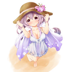 Rule 34 | 1girl, bare legs, barefoot, bow, breasts, brown hat, chisato (missing park), cleavage, collarbone, dress, flower, flower knight girl, from above, full body, hat, hat bow, hat flower, hototogisu (flower knight girl), jacket, jacket on shoulders, large breasts, long hair, looking at viewer, perspective, pink bow, purple eyes, purple hair, raised eyebrows, simple background, solo, standing, standing on one leg, sun hat, white background, white bow, white dress