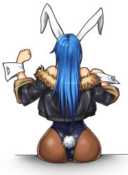 Rule 34 | 1girl, animal ears, aozoraichi, ass, back, bare shoulders, blue hair, clenched hands, fake animal ears, female focus, from behind, gradient background, huge ass, jacket, leotard, long hair, pantyhose, playboy bunny, rabbit ears, rabbit tail, sitting, sleeves rolled up, solo, tail, wrist cuffs