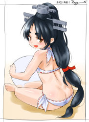 Rule 34 | 1girl, ball, barefoot, bikini, black hair, brown eyes, butt crack, dated, from behind, headgear, high ponytail, kantai collection, long hair, looking at viewer, multi-tied hair, nisshin (kancolle), ray.s, short eyebrows, simple background, sitting, solo, swimsuit, thick eyebrows, twitter username, very long hair, white background, white bikini