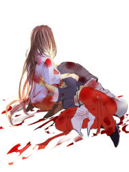 Rule 34 | 00s, 1boy, 1girl, black hair, blood, choker, crossover, crying, long hair, looking at another, pants, red hair, red pants, red skirt, short hair, simple background, skirt, tarakoutibiru, the king of fighters, tohno akiha, tsukihime, yagami iori