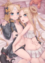 Rule 34 | 2girls, abigail williams (fate), abigail williams (swimsuit foreigner) (fate), abigail williams (swimsuit foreigner) (third ascension) (fate), abigail williams (traveling outfit) (fate), ass, bandaid, bandaid on face, bandaid on forehead, bare shoulders, belt, bikini, black bow, black cat, black jacket, black panties, blonde hair, blue eyes, blush, bow, braid, braided hair rings, breasts, butt crack, cat, crossed bandaids, dual persona, fate/grand order, fate (series), forehead, galbany (tsgororin), grin, hair bow, hair bun, hair rings, hand on another&#039;s ass, high collar, highres, jacket, long hair, long sleeves, looking at viewer, looking back, miniskirt, multiple girls, navel, open clothes, open jacket, open mouth, orange belt, orange bow, panties, parted bangs, polka dot, polka dot bow, selfcest, sidelocks, skirt, sleeves past fingers, sleeves past wrists, small breasts, smile, stuffed animal, stuffed toy, swimsuit, teddy bear, thighs, twin braids, twintails, underwear, very long hair, white bikini, white bow, yuri