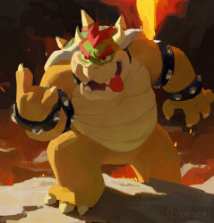 Rule 34 | 1boy, \n/, armlet, artist name, black collar, bowser, bracelet, claws, cody soh, collar, commentary, english commentary, fewer digits, hand up, horns, jewelry, male focus, mario (series), molten rock, nintendo, open mouth, red eyes, red hair, rock, sharp teeth, smile, solo, spiked armlet, spiked bracelet, spiked collar, spiked shell, spikes, standing, teeth, tongue, tongue out, turtle shell, v-shaped eyebrows