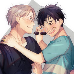 Rule 34 | 2boys, ;d, bad id, bad pixiv id, black hair, black shirt, blue eyes, blue shirt, brown eyes, close-up, unworn eyewear, fingernails, grey background, hand on another&#039;s shoulder, happy, jewelry, katsuki yuuri, looking at another, looking away, male focus, multiple boys, one eye closed, open mouth, profile, ring, shirt, short hair, simple background, smile, sunglasses, sweatdrop, tadano53, two-tone background, upper body, viktor nikiforov, wedding ring, white background, white hair, white shirt, yaoi, yuri!!! on ice