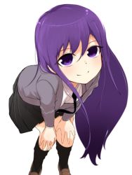Rule 34 | 13-gou, 1girl, breasts, closed mouth, feet out of frame, goshiki agiri, kill me baby, long hair, looking at viewer, necktie, purple eyes, purple hair, school uniform, simple background, skirt, smile, solo, white background