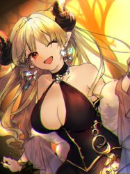 Rule 34 | 1girl, alba (granblue fantasy), arumu, bare shoulders, black dress, blonde hair, breasts, butterfly earrings, choker, chromatic aberration, cleavage, cleavage cutout, clothing cutout, collarbone, commentary request, draph, dress, earrings, feather boa, granblue fantasy, horns, jewelry, large breasts, long hair, looking at viewer, one eye closed, open mouth, pointy ears, red eyes, sleeveless, sleeveless dress, smile, solo, wristband