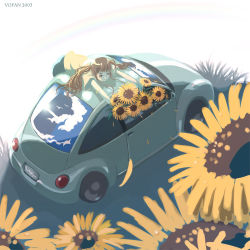 Rule 34 | blouse, car, day, flower, motor vehicle, on vehicle, outdoors, plant, reflection, shirt, sky, summer, sunflower, twintails, vehicle, vehicle focus, vofan, volkswagen, volkswagen beetle, white background, yellow shirt
