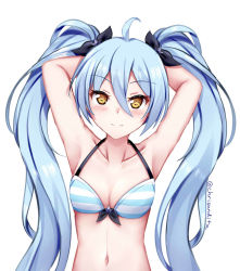 Rule 34 | 1girl, ahoge, armpits, arms behind head, arms up, artist name, bare arms, bare shoulders, bikini, blue bikini, blue hair, breasts, brown eyes, chrisandita, cleavage, collarbone, front-tie bikini top, front-tie top, hair between eyes, hair ribbon, halterneck, king&#039;s raid, long hair, looking at viewer, navel, ribbon, simple background, small breasts, solo, sonia (king&#039;s raid), star (symbol), stomach, striped bikini, striped clothes, swimsuit, twintails, upper body, very long hair, white background