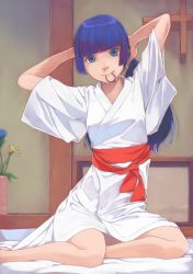 Rule 34 | 1girl, akinbo (hyouka fuyou), aoki reika, arms behind head, blue flower, blue hair, blunt bangs, flower, futon, highres, indoors, japanese clothes, kimono, long hair, looking at viewer, mouth hold, ponytail, precure, red ribbon, ribbon, sitting, smile, smile precure!, solo, tying hair, white kimono, yellow flower