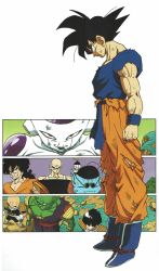 Rule 34 | 6+boys, :o, antennae, armor, arms at sides, bald, black eyes, black hair, blue footwear, blue shirt, boots, bowl cut, chaozu, cleaned, clenched teeth, collarbone, dirty, dirty clothes, dirty face, dragon ball, dragonball z, evil smile, facial scar, frieza, from above, from side, frown, full body, grass, halo, head down, highres, kuririn, looking at viewer, male focus, manly, mountain, multiple boys, muscular, nervous, north kaiou, official art, orange pants, outdoors, panels, pants, piccolo, pointy ears, red eyes, scar, scar on cheek, scar on face, serious, shaded face, shirt, simple background, smile, son gohan, son goku, spiked hair, standing, sunglasses, sweatdrop, teeth, tenshinhan, third eye, toriyama akira, torn clothes, torn legwear, torn shirt, white background, wristband, yamcha