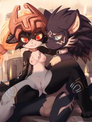 Rule 34 | 1boy, 1girl, ancesra, animal ears, animalization, black skin, blue eyes, breasts, cleft of venus, collar, colored skin, full body, furry, furry female, furry male, furry with furry, grey skin, helmet, highres, link, wolf link, midna, multicolored skin, nintendo, nipples, one eye covered, orange hair, pointy ears, pussy, red eyes, short hair, solo focus, tail, testicles, the legend of zelda, the legend of zelda: twilight princess, two-tone skin, wolf link