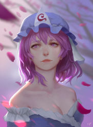Rule 34 | 1girl, absurdres, bad id, bad pixiv id, bare shoulders, breasts, chenyin, cleavage, hat, highres, lips, petals, pink eyes, pink hair, realistic, saigyouji yuyuko, short hair, signature, solo, touhou, triangular headpiece, upper body