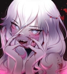 Rule 34 | 1girl, :d, black background, blood, blood on arm, blood on face, blood on hands, briar (league of legends), colored sclera, fangs, fingernails, grey eyes, grey hair, hair between eyes, highres, koemi ky (koemi nei), league of legends, long hair, looking at viewer, multicolored hair, open mouth, pink hair, pink sclera, pointy ears, sharp fingernails, sharp teeth, smile, solo, teeth, two-tone hair, vampire