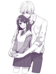 Rule 34 | 1boy, 1girl, blush, couple, cropped legs, dress shirt, fingernails, highres, holding hands, kuromiya sana, leaning on person, light frown, long sleeves, looking at another, looking away, loose necktie, medium hair, monochrome, necktie, open collar, original, pleated skirt, pocket, shirt, short hair, simple background, skirt, sleeves rolled up, smile, sweater vest, vest, white background, white shirt, white sweater vest