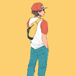 Rule 34 | 1boy, backpack, bag, baseball cap, brown hair, closed mouth, creatures (company), frown, game freak, green pants, hand in pocket, hat, highres, lillin, looking back, male focus, nintendo, pants, pokemon, pokemon sm, raglan sleeves, red (pokemon), shirt, short hair, short sleeves, solo, standing, yellow bag