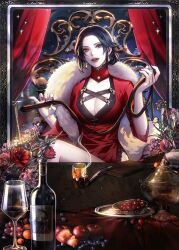 Rule 34 | 1girl, black eyes, black hair, bottle, breasts, bright pupils, cape, cleavage, cup, dress, drinking glass, earrings, eu (euspia), flower, food, fruit, fur-trimmed cape, fur trim, highres, holding, holding whip, jewelry, korean commentary, large breasts, looking at viewer, novel illustration, official art, parted bangs, parted lips, plate, red dress, red lips, red nails, regressor&#039;s instruction manual, shaolin (regressor&#039;s instruction manual), side slit, solo, whip, white pupils, wine bottle, wine glass