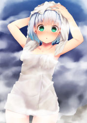 Rule 34 | 1girl, armpits, arms up, bare arms, bare shoulders, blush, collarbone, commentary request, cowboy shot, green eyes, highres, konpaku youmu, looking at viewer, naked towel, nigo (aozoragarou), parted lips, rock, short hair, silver hair, solo, standing, steam, thighs, touhou, towel, towel on head
