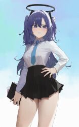 Rule 34 | 1girl, absurdres, black skirt, blue archive, blue necktie, blush, breasts, collared shirt, cowboy shot, fukaumi suichu, hair between eyes, halo, highres, long hair, long sleeves, looking at viewer, mechanical halo, medium breasts, necktie, open mouth, pleated skirt, purple eyes, purple hair, shirt, skirt, solo, thighs, two side up, white shirt, yuuka (blue archive)