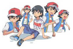 Rule 34 | 1boy, :d, ash ketchum, baseball cap, black hair, blue jacket, brown eyes, bubble, closed eyes, commentary request, creatures (company), dododo dadada, game freak, grin, hair between eyes, hand on headwear, hand on own hip, hat, holding, holding poke ball, jacket, male focus, multiple views, nintendo, open mouth, outstretched arms, parted lips, poke ball, pokemon, pokemon (anime), pokemon journeys, red headwear, shirt, shoes, short sleeves, shorts, sleeveless, sleeveless jacket, smile, t-shirt, teeth, tongue, upper teeth only, wet, white shirt, |d