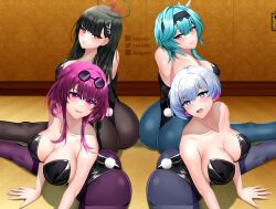 Rule 34 | 4girls, aqua hair, ass, bare shoulders, black hair, blue archive, blue eyes, blue hair, blush, breasts, cleavage, come hither, crossover, d.d.g, eula (genshin impact), from behind, genshin impact, goddess of victory: nikke, hair ornament, hairband, hairclip, halo, highres, honkai: star rail, honkai (series), kafka (honkai: star rail), large breasts, leotard, liliweiss (nikke), long hair, looking at viewer, looking back, multicolored hair, multiple girls, naughty face, open mouth, pantyhose, playboy bunny, purple eyes, purple hair, rabbit tail, rio (blue archive), short hair, short hair with long locks, sideboob, sitting, smile, sunglasses, sunglasses on head, tail, very long hair, white hair